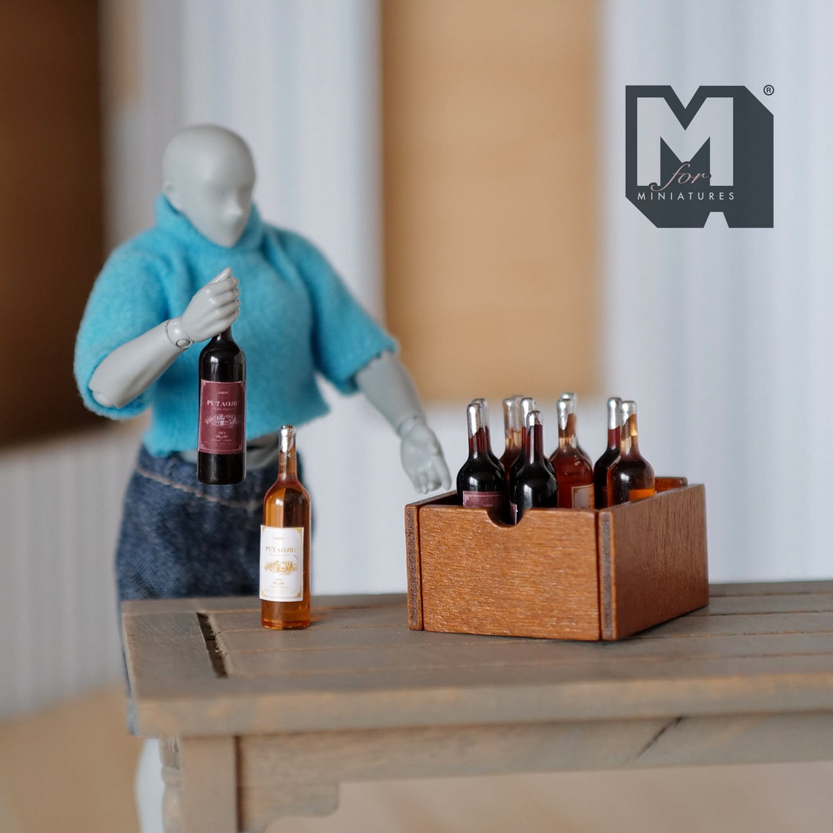 1:12 Scale Miniature Wood Wine Crate with 12 Assorted Wine Bottles, 1-9/16 inch long, DIY Dollhouse Supply (brown)
