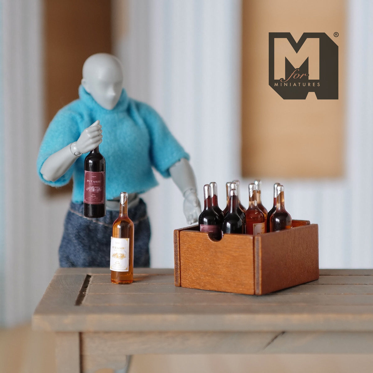 1:12 Scale Miniature Wood Wine Crate with 12 Assorted Wine Bottles, 1-9/16 inch long, DIY Dollhouse Supply (brown)