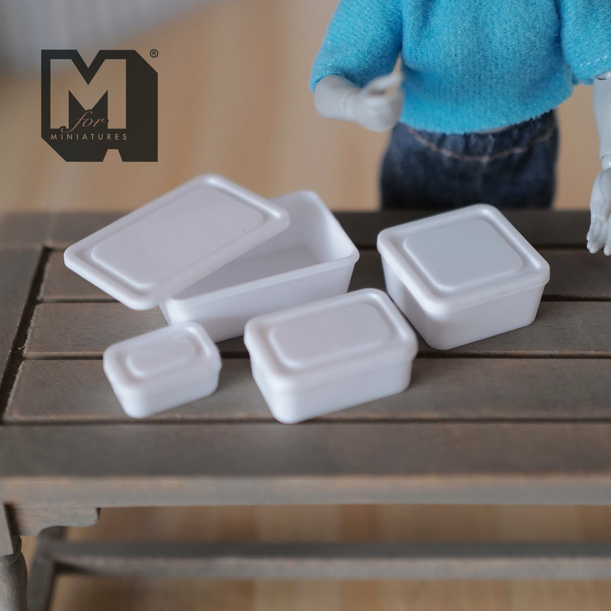 1:12 Scale Miniature Food Containers with Lids, Set of 4, 1-3/8 inch long, DIY Dollhouse Supply (white)