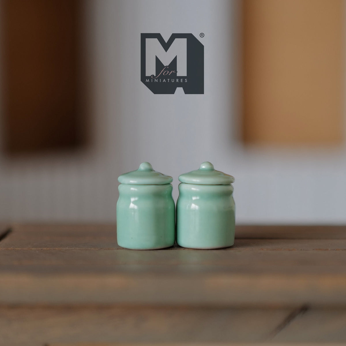 1:12 Scale Miniature Ceramic Jars with Lids, Set of 2, 11/16 inch tall, DIY Dollhouse Supply (green)