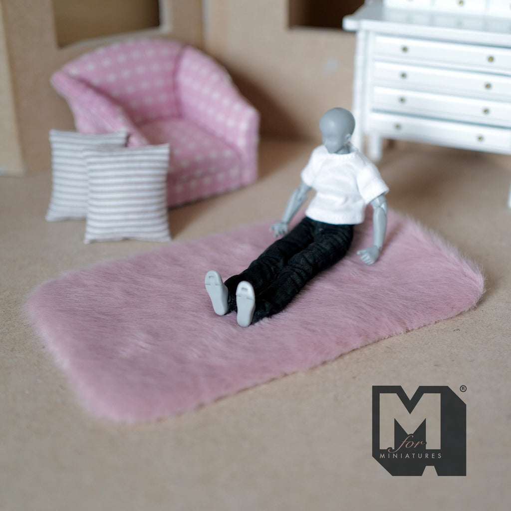 1:12 Scale Miniature Faux Sheepskin Rug, Rectangular, 6-1/2 inch long, DIY Dollhouse Supply (pink)