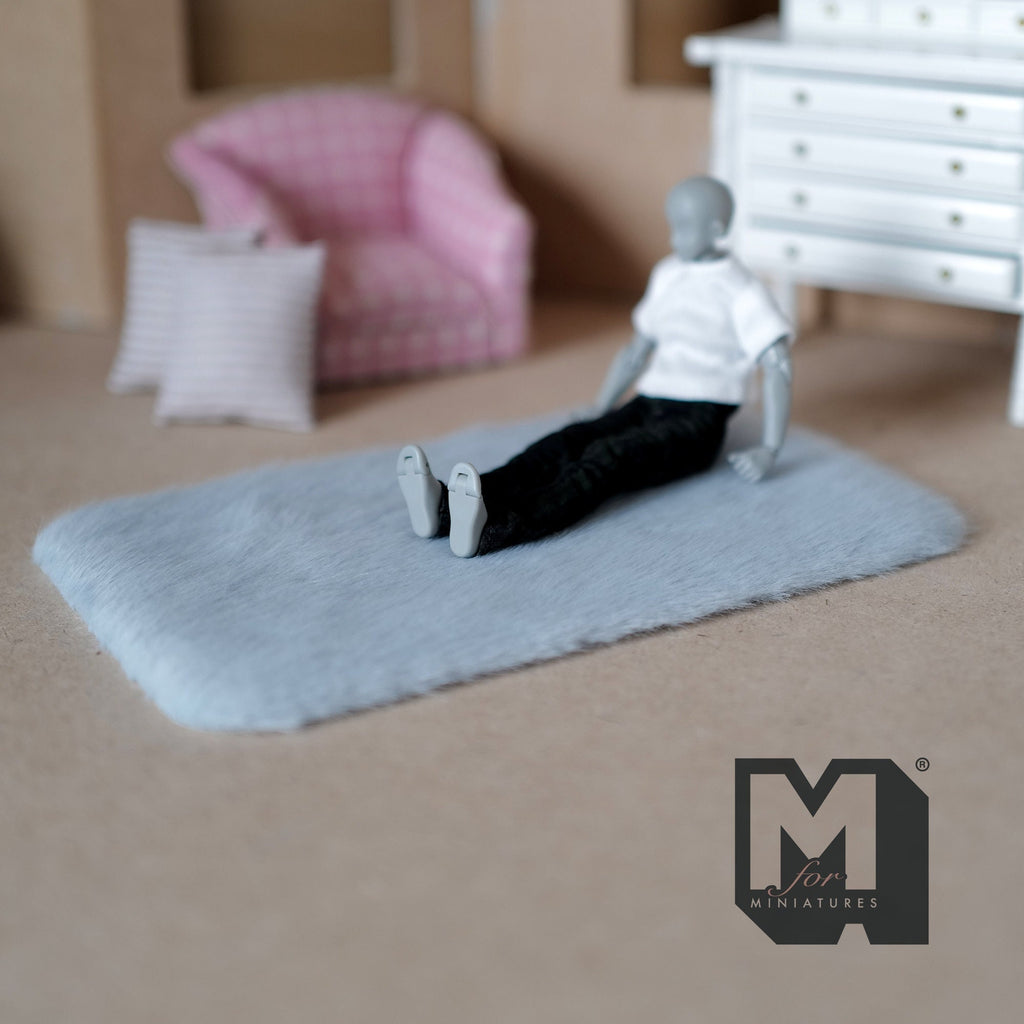 1:12 Scale Miniature Faux Sheepskin Rug, Rectangular, 6-1/2 inch long, DIY Dollhouse Supply (light blue)