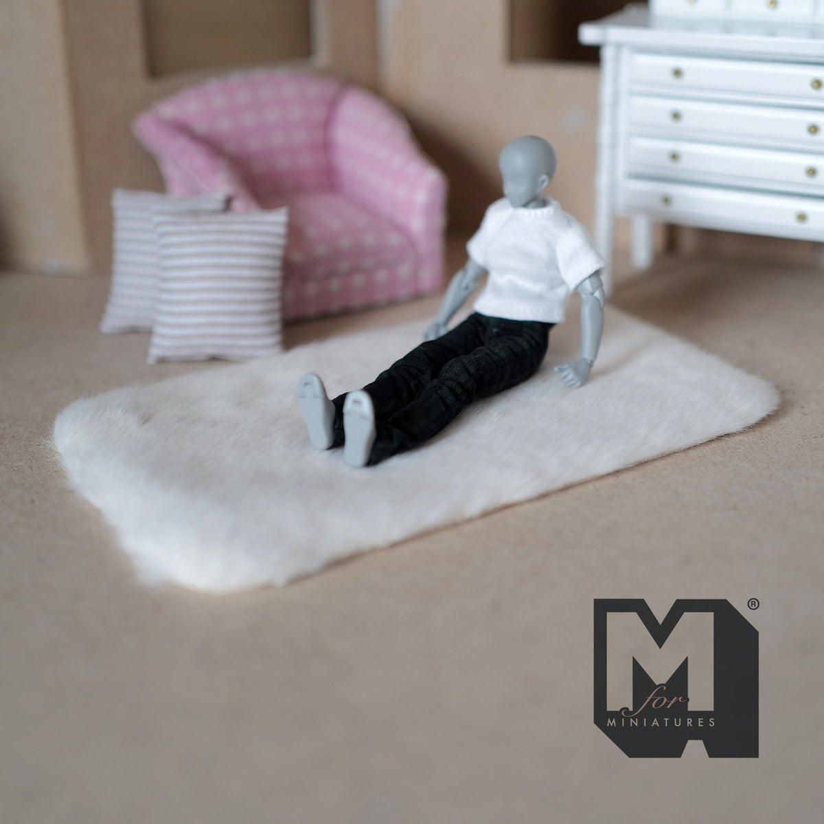 1:12 Scale Miniature Faux Sheepskin Rug, Rectangular with Rounded Corners, 6-1/2 inch long, DIY Dollhouse Supply (cream)
