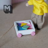 Dollhouse Supplies Miniature Wagon with Blocks , Wooden Child Pull Cart with Puzzle Blocks - G060