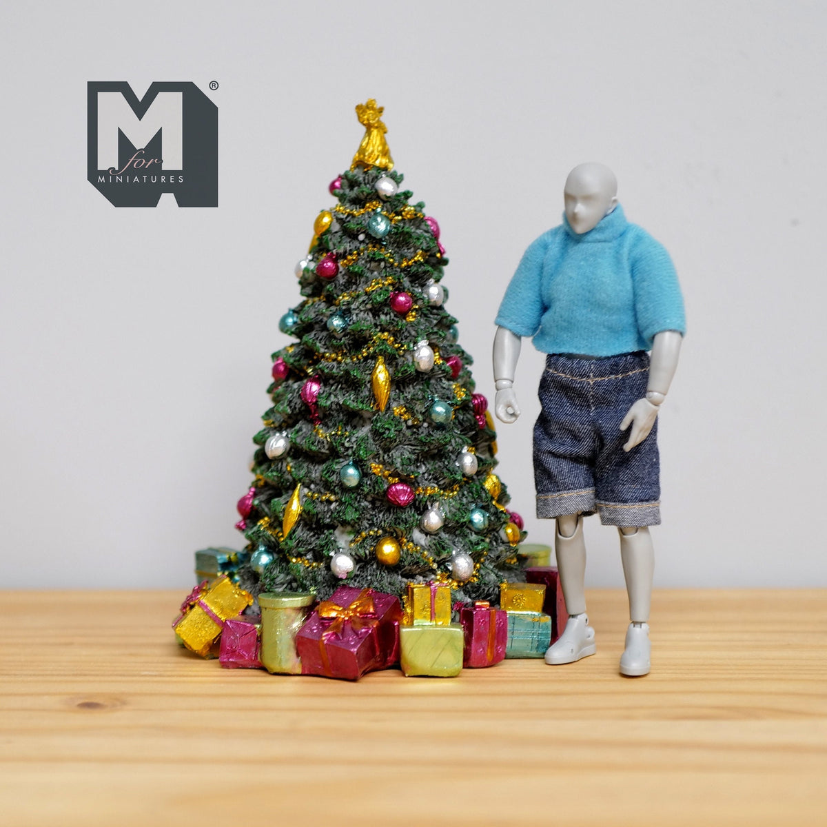 1:12 Scale Miniature Christmas Tree with Ornaments, Angel Topper and Gift Boxes, 6-1/2 inch tall, DIY Dollhouse Supply (1 piece cast resin)