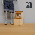 1:12 scale miniature unpainted wood kitchen step stool with 2 steps, natural light wood, shown beside a jointed figure