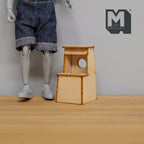 1:12 scale miniature unpainted wood kitchen step stool with 2 steps, natural light wood, shown beside a jointed figure