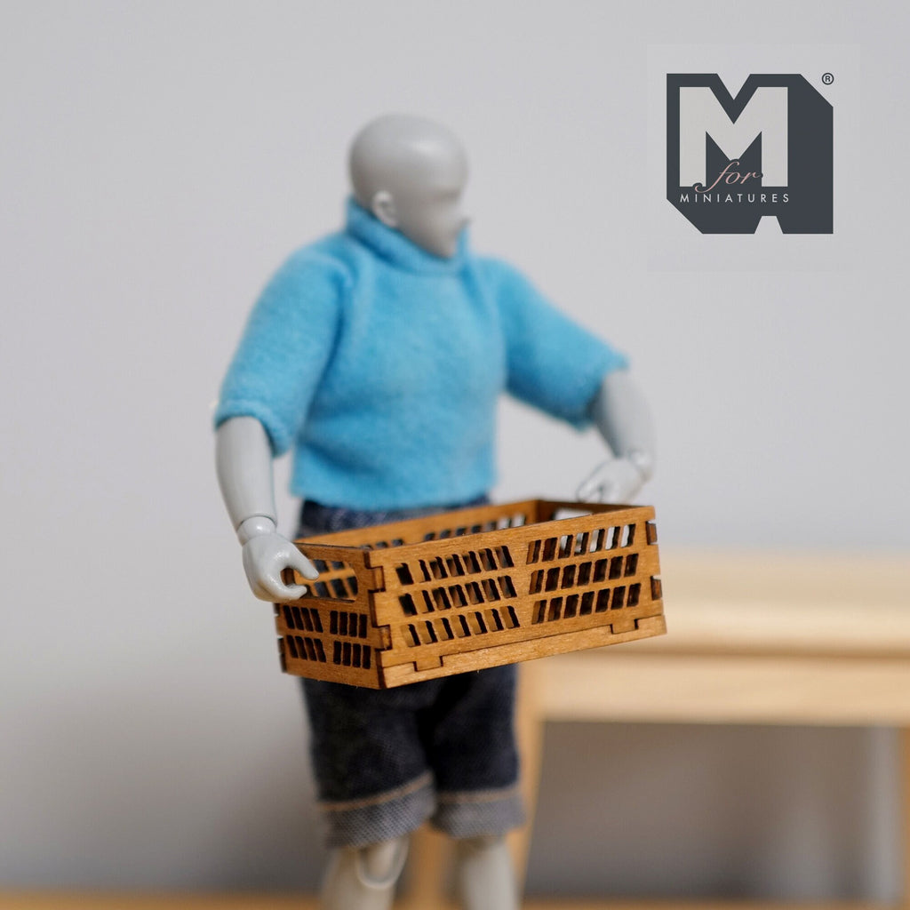 1:12 Scale Miniature Unpainted Wood Storage Crate, Slatted Sides, 11/16 inch tall, DIY Dollhouse Supply