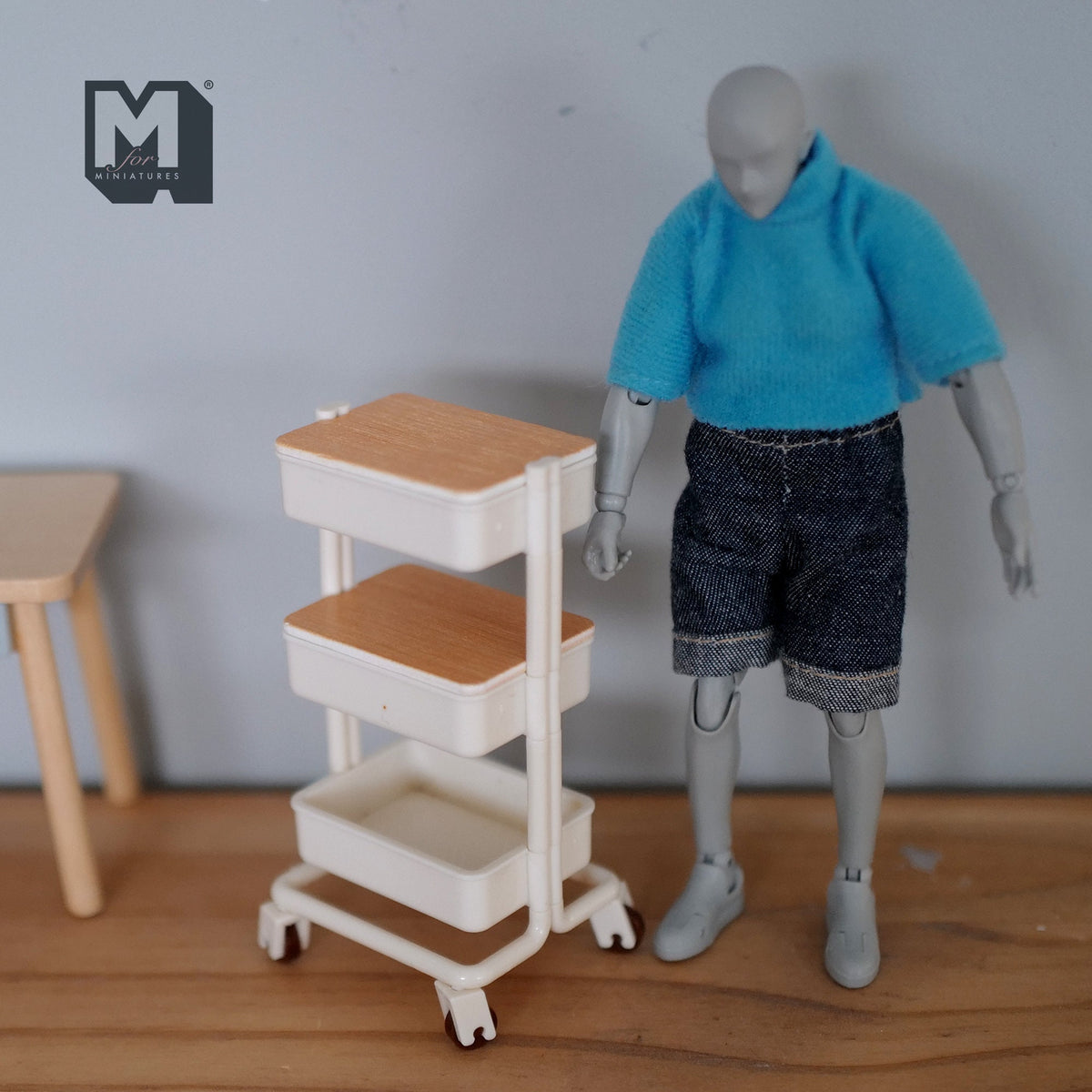 1:12 Scale Miniature Rolling Utility Cart with 2 Wood Covers, 3 Tiers, 3-5/8 inch tall, DIY Dollhouse Supply (white)