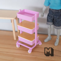 Miniature Utility Cart with 3 Shelves and 2 Covers Basket 1:12 Scale Workshop Trolley Cart Mechanic's Garage Mobile Cart (plastic) pink J004