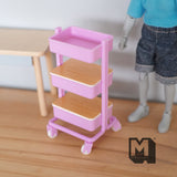 Miniature Utility Cart with 3 Shelves and 2 Covers Basket 1:12 Scale Workshop Trolley Cart Mechanic's Garage Mobile Cart (plastic) pink G102