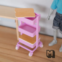 Miniature Utility Cart with 3 Shelves and 2 Covers Basket 1:12 Scale Workshop Trolley Cart Mechanic's Garage Mobile Cart (plastic) pink G102