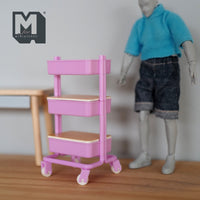 Miniature Utility Cart with 3 Shelves and 2 Covers Basket 1:12 Scale Workshop Trolley Cart Mechanic's Garage Mobile Cart (plastic) pink G102