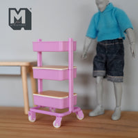 Miniature Utility Cart with 3 Shelves and 2 Covers Basket 1:12 Scale Workshop Trolley Cart Mechanic's Garage Mobile Cart (plastic) pink J004