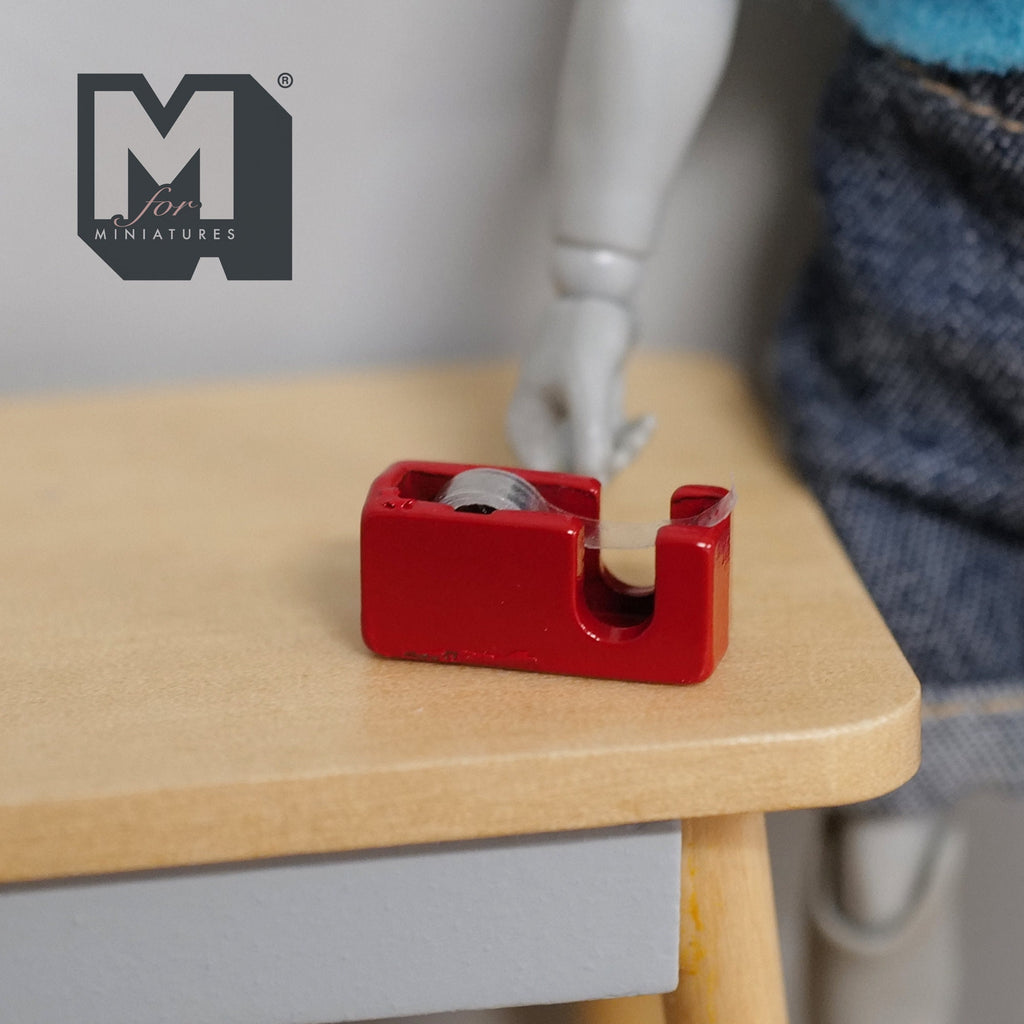 1:12 Scale Miniature Metal Tape Dispenser with Real Tape, 11/16 inch long, DIY Dollhouse Supply (red)
