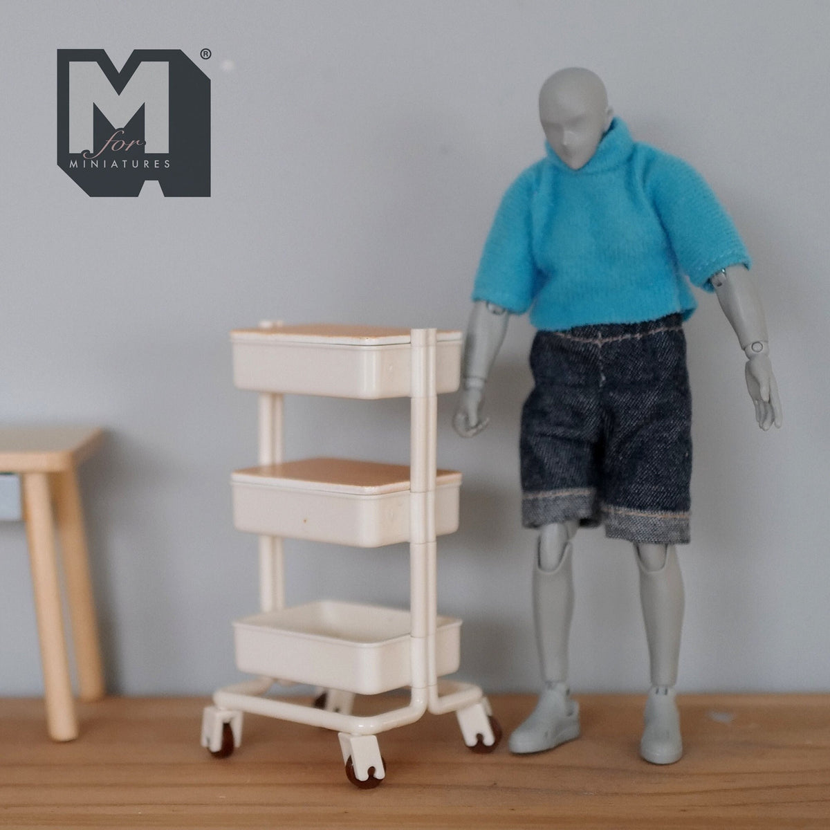 1:12 Scale Miniature Rolling Utility Cart with 2 Wood Covers, 3 Tiers, 3-5/8 inch tall, DIY Dollhouse Supply (white)