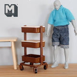 Miniature Utility Cart with 3 Shelves and 2 Covers Basket 1:12 Scale Workshop Trolley Cart Mechanic's Garage Mobile Cart(plastic) brown J004