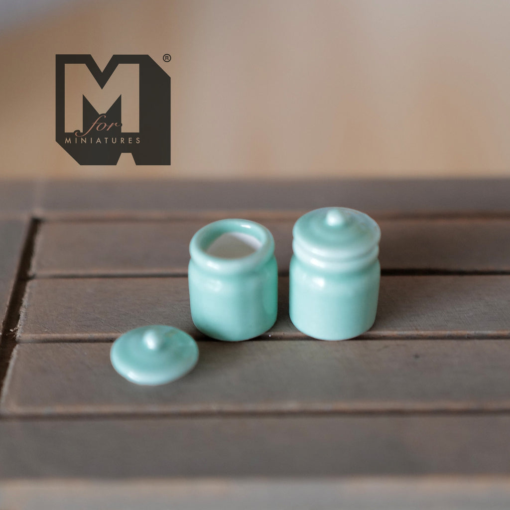 1:12 Scale Miniature Ceramic Jars with Lids, Set of 2, 11/16 inch tall, DIY Dollhouse Supply (green)