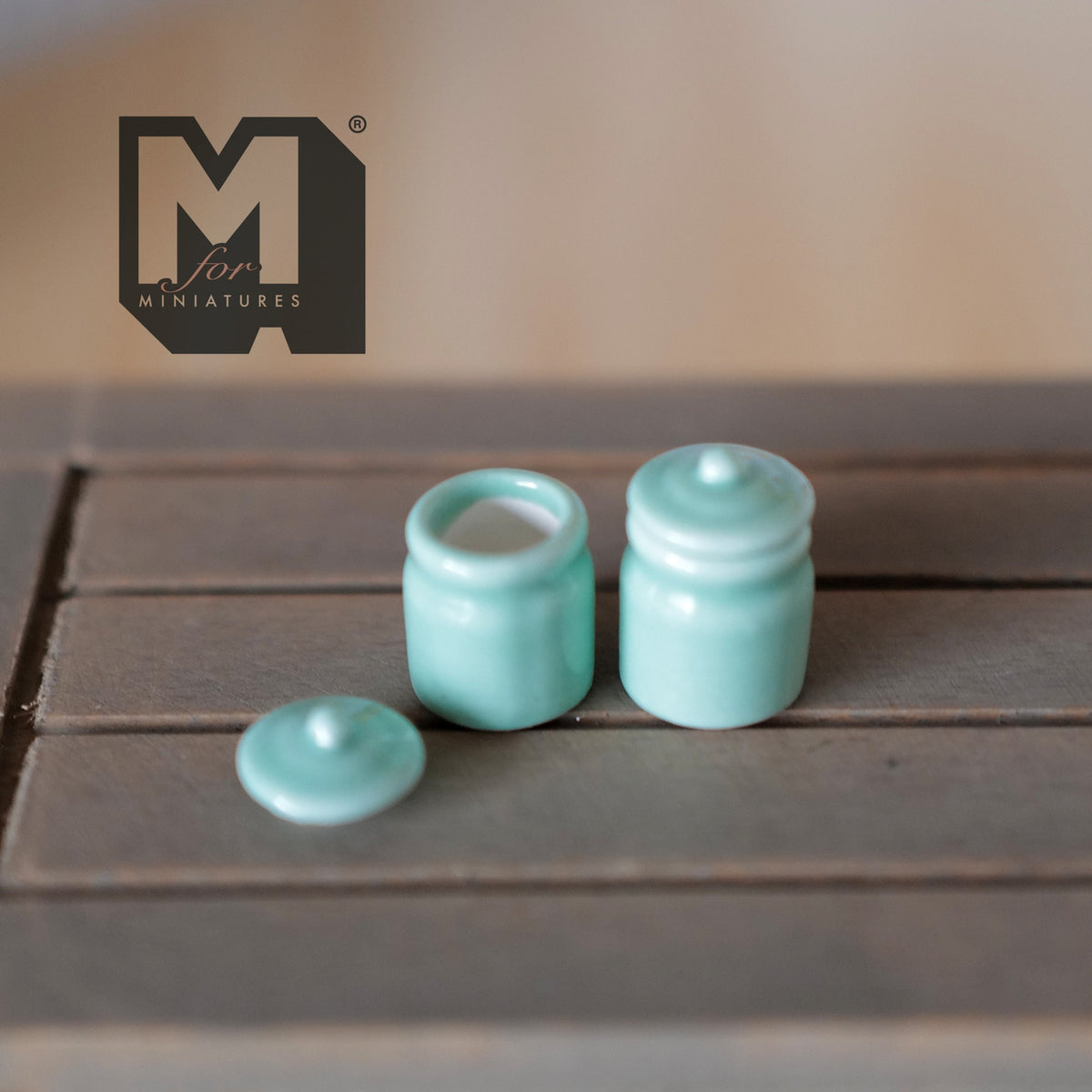 1:12 Scale Miniature Ceramic Jars with Lids, Set of 2, 11/16 inch tall, DIY Dollhouse Supply (green)