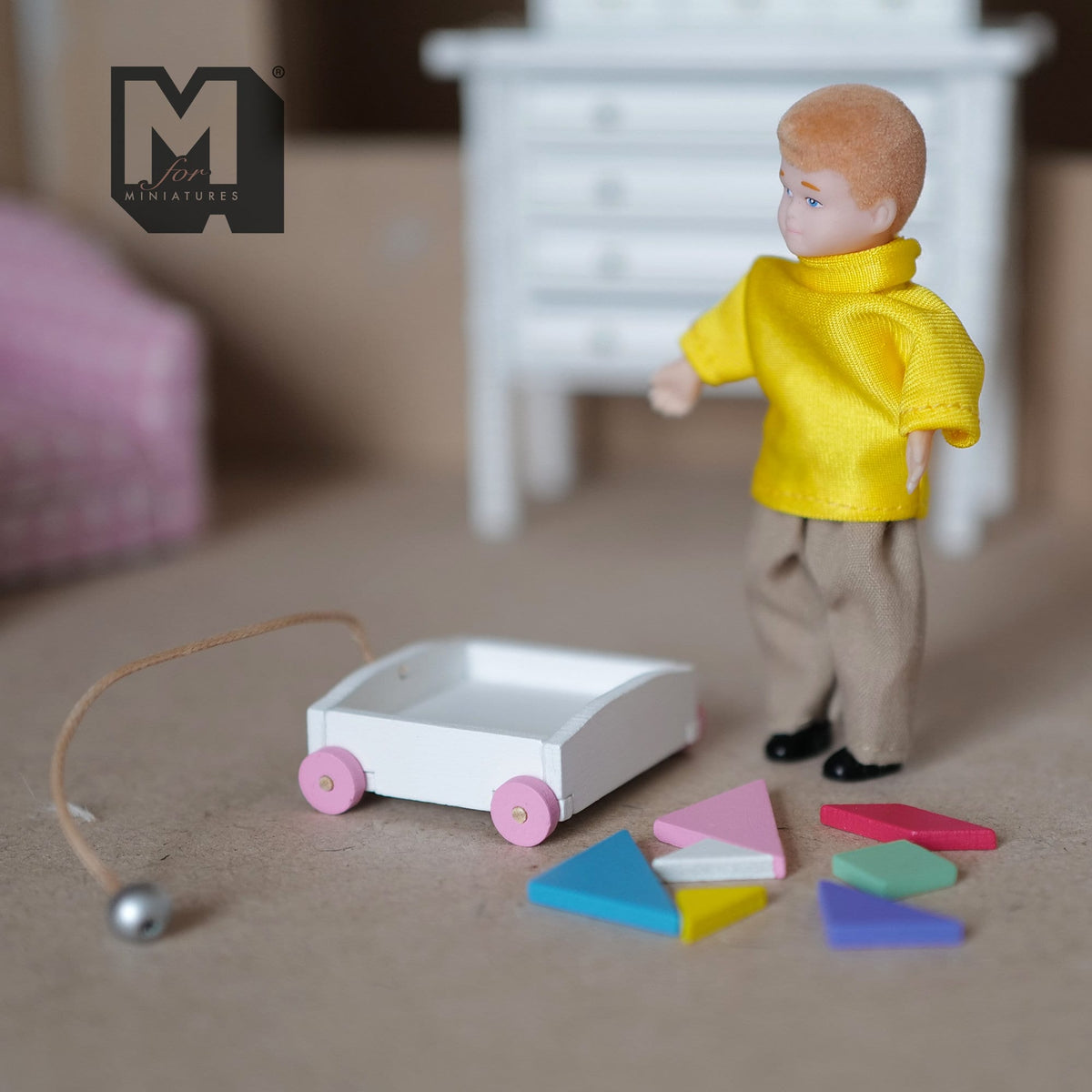 1:12 Scale Miniature Wood Pull Along Wagon with Puzzle Blocks, 1-5/8 inch long, DIY Dollhouse Supply