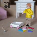 Dollhouse Supplies Miniature Wagon with Blocks , Wooden Child Pull Cart with Puzzle Blocks - G060
