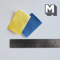 1:12 scale miniature checked tea towels in yellow and blue, set of 2, shown with a ruler for scale