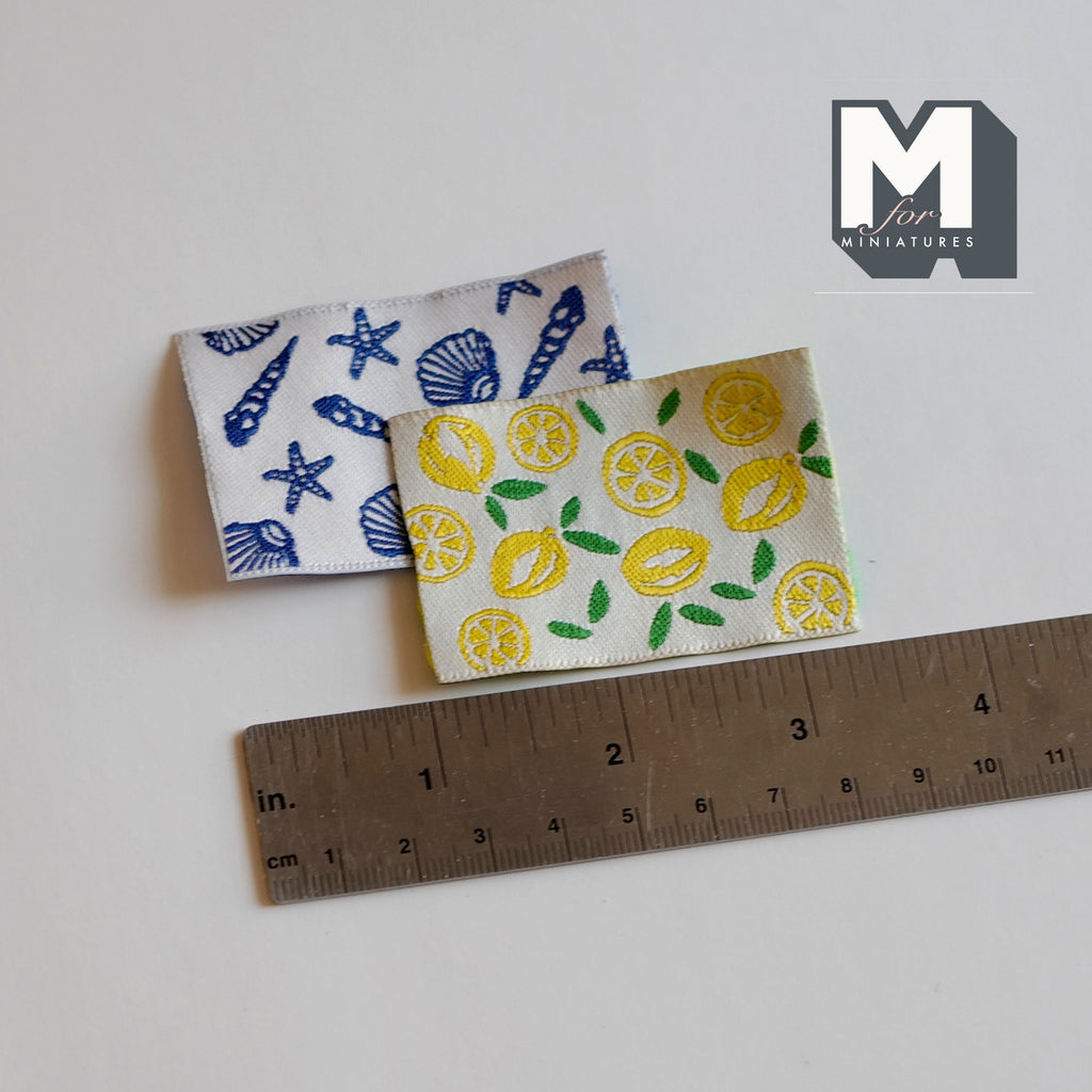 1:12 Scale Miniature Tea Towels, Seashell and Lemon Prints, Set of 2, 2-3/8 inch long, DIY Dollhouse Supply