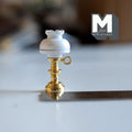 1:12 scale miniature brass gas lamp with white glass shade and finger loop, non lighting, shown with a ruler