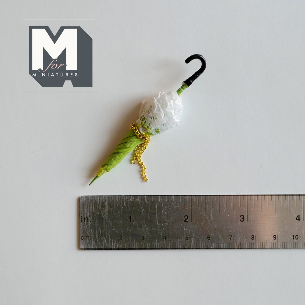 1:12 Scale Miniature Lace Parasol, Green Trim, Hook Handle, 3-1/16 inch long, DIY Dollhouse Supply