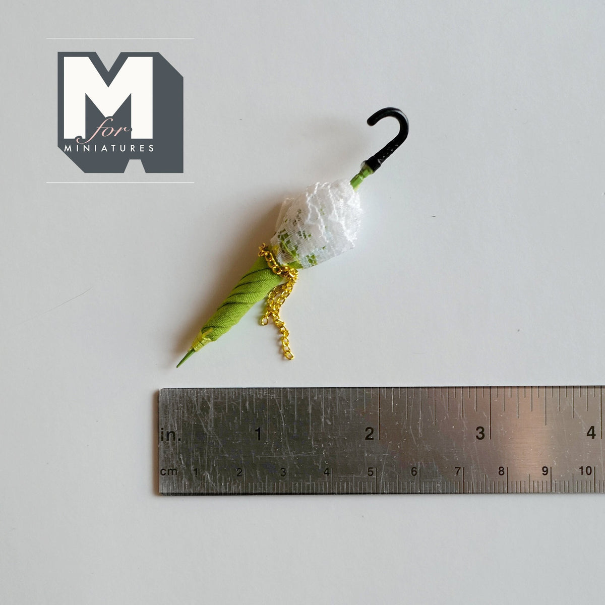 1:12 Scale Miniature Lace Parasol, Green Trim, Hook Handle, 3-1/16 inch long, DIY Dollhouse Supply