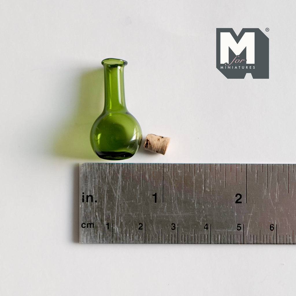 1:12 Scale Miniature Green Glass Corked Bottle, Flat Sided, 1-3/16 inch tall, DIY Dollhouse Supply