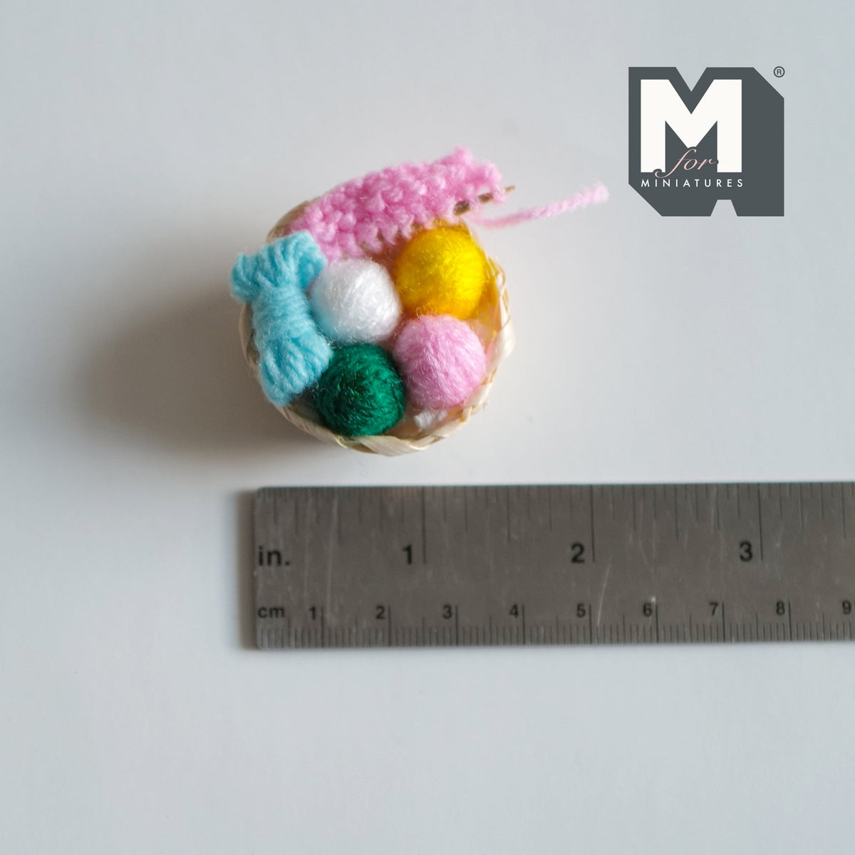 1:12 Scale Miniature Woven Knitting Basket with Yarn Balls, 1-9/16 inch dia., DIY Dollhouse Supply