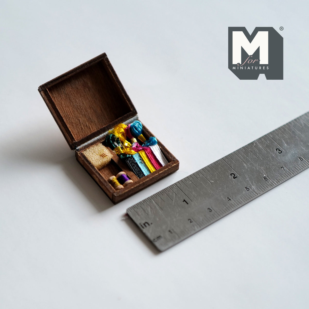 1:12 Scale Miniature Wood Needlework Box with Ribbons and Thread, 1-5/16 inch long, DIY Dollhouse Supply