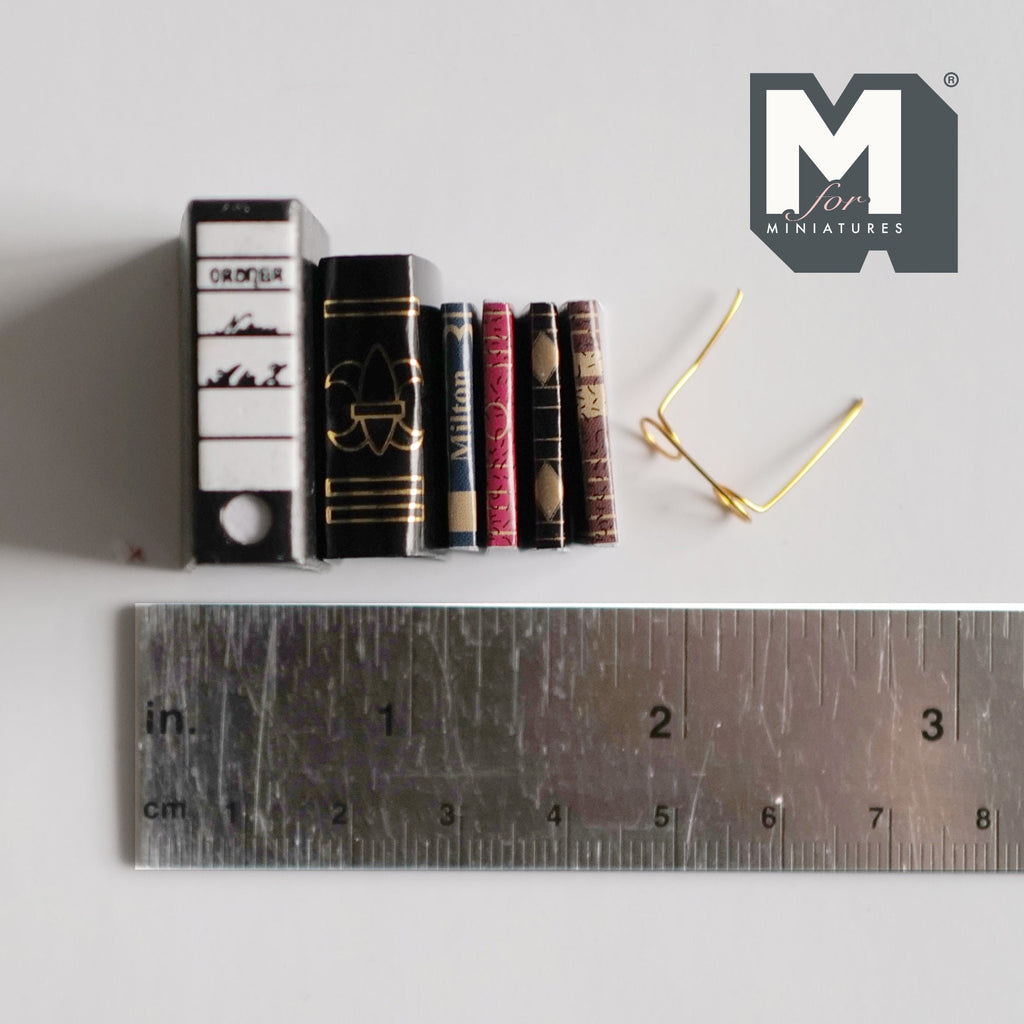 1:12 Scale Miniature Books and Eyeglasses, Set of 7, 1-1/4 inch tall, DIY Dollhouse Supply