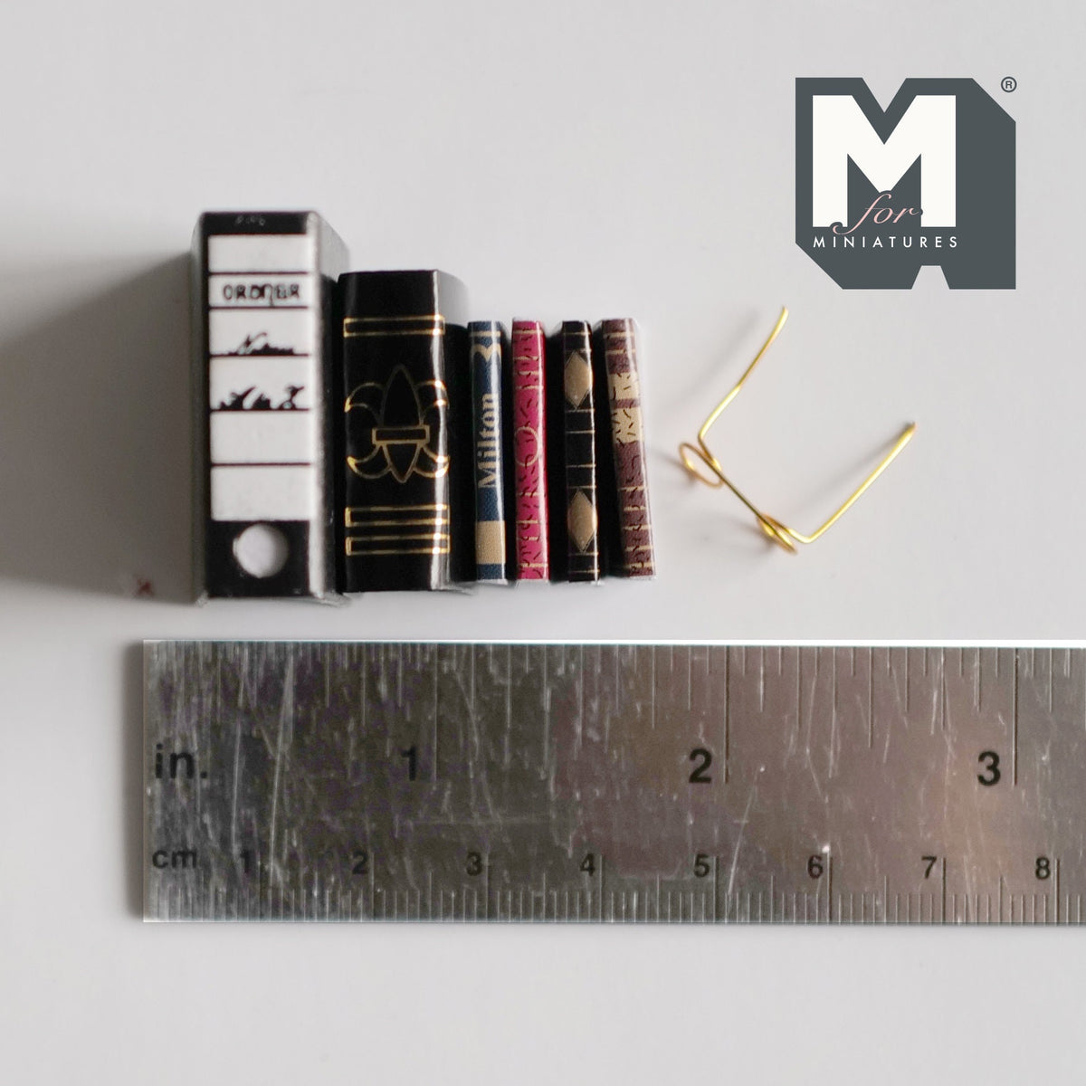 1:12 Scale Miniature Books and Eyeglasses, Set of 7, 1-1/4 inch tall, DIY Dollhouse Supply