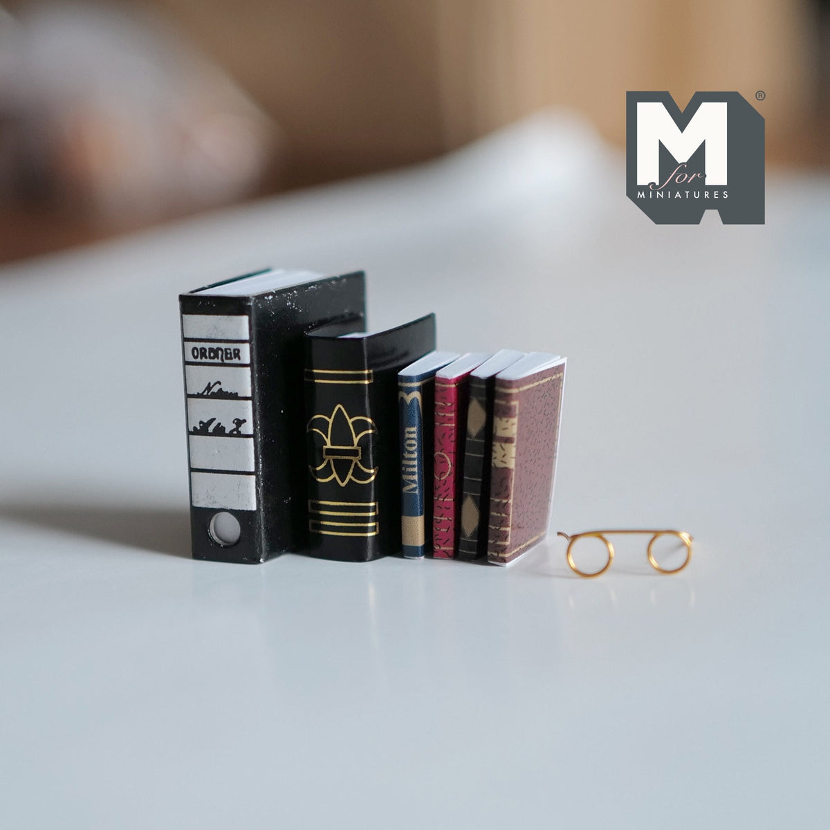 1:12 Scale Miniature Books and Eyeglasses, Set of 7, 1-1/4 inch tall, DIY Dollhouse Supply