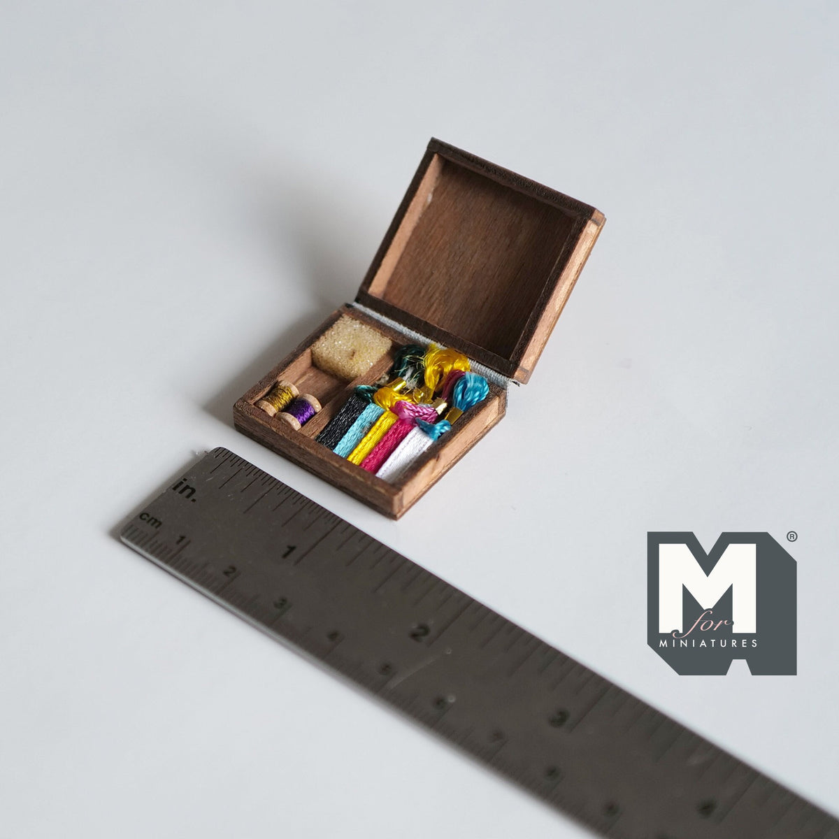 1:12 Scale Miniature Wood Needlework Box with Ribbons and Thread, 1-5/16 inch long, DIY Dollhouse Supply