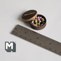 1:12 scale miniature wood sewing box with lid and colorful thread spools, round box shown open beside a ruler