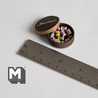 1:12 scale miniature wood sewing box with lid and colorful thread spools, round box shown open beside a ruler