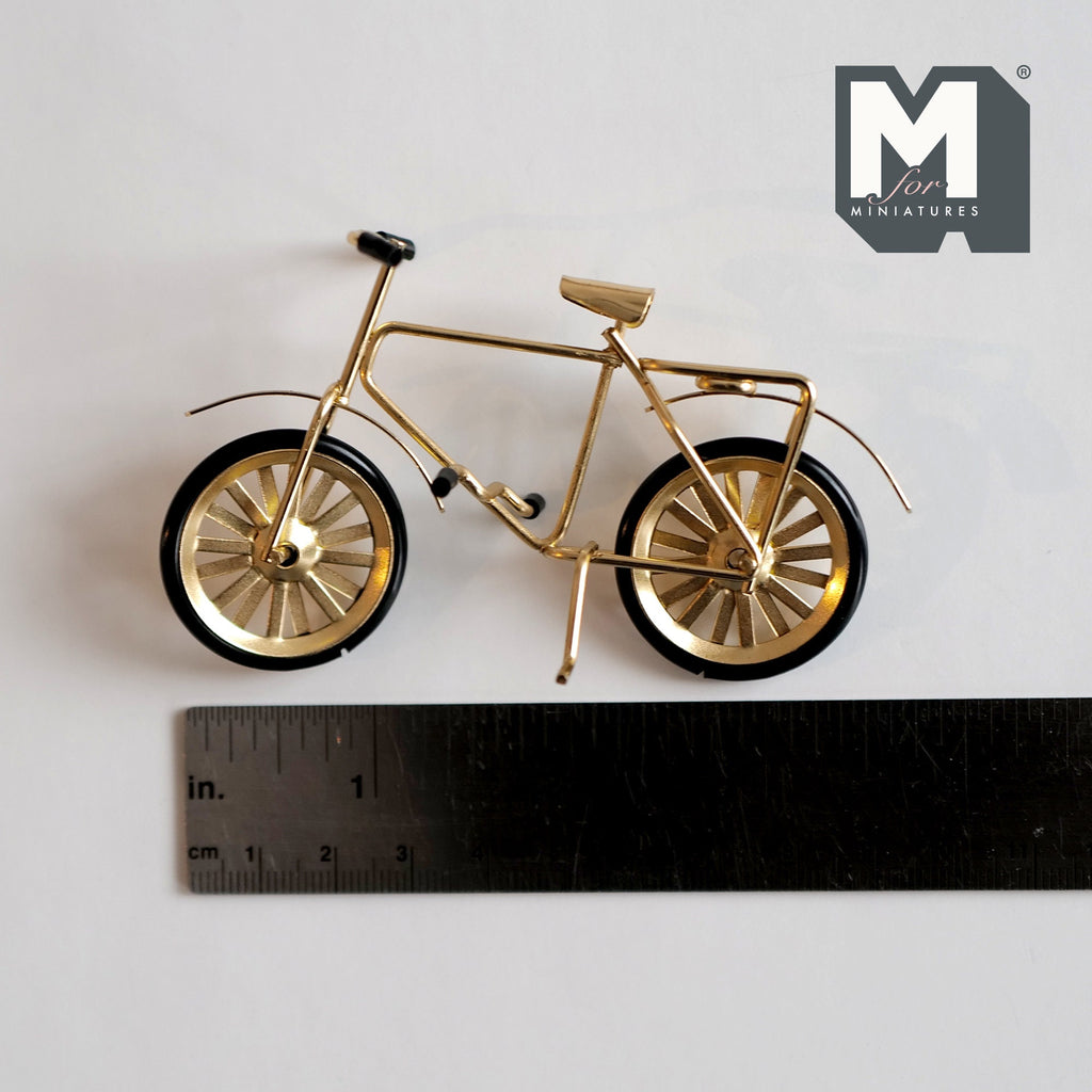1:12 Scale Miniature Metal Kid's Bicycle with Spoked Wheels, 3-9/16 inch long, DIY Dollhouse Supply (gold)