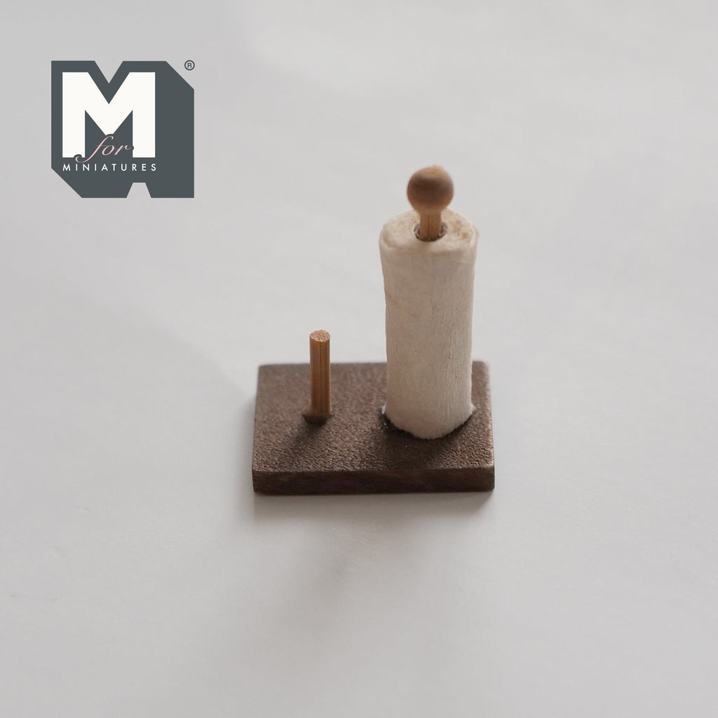 1:12 Scale Miniature Wood Paper Towel Holder with Roll, 1-3/8 inch tall, DIY Dollhouse Supply