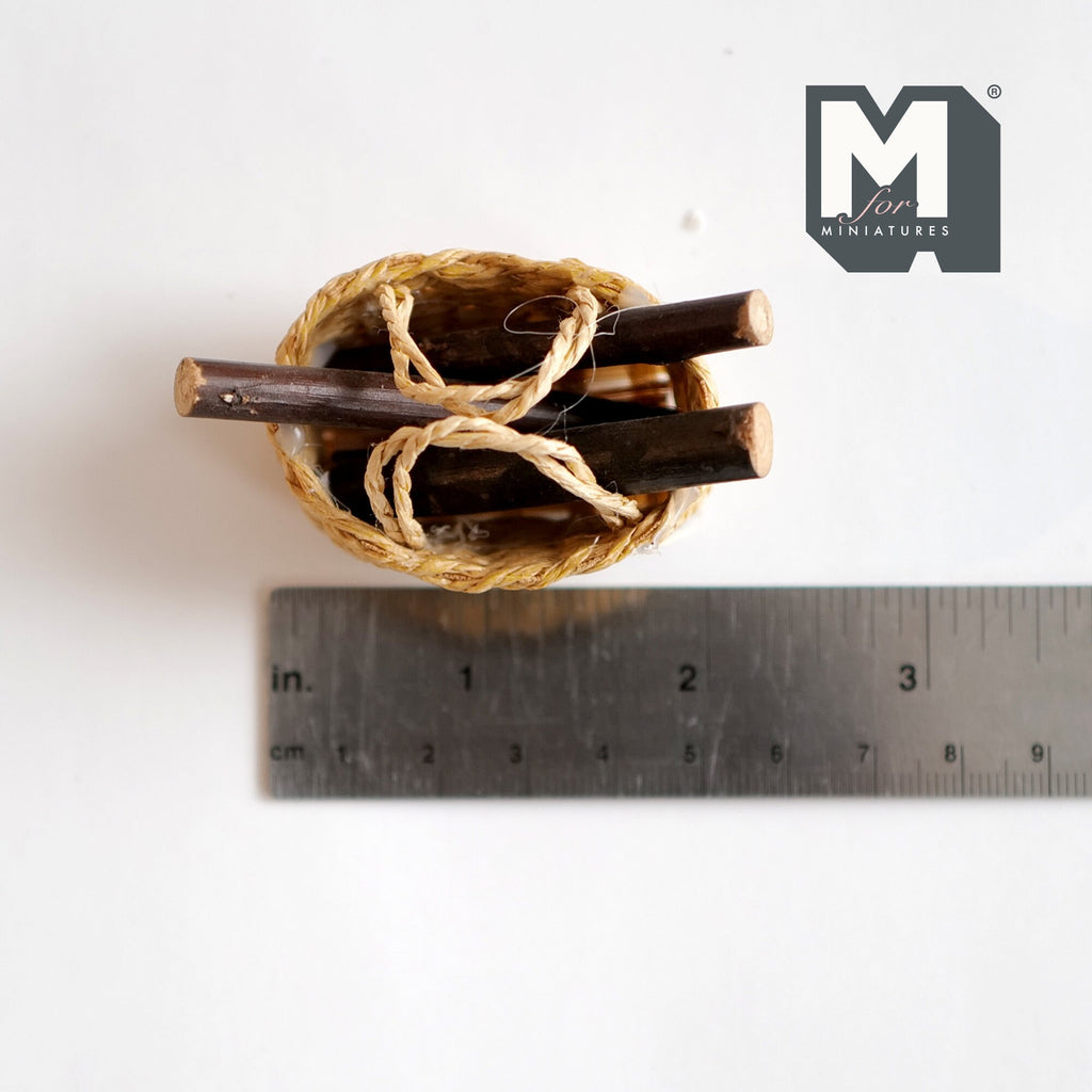 1:12 Scale Miniature Rope Log Basket with Fire Logs, 2-7/16 inch long, DIY Dollhouse Supply