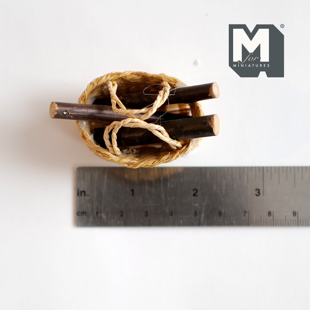 1:12 Scale Miniature Rope Log Basket with Fire Logs, 2-7/16 inch long, DIY Dollhouse Supply