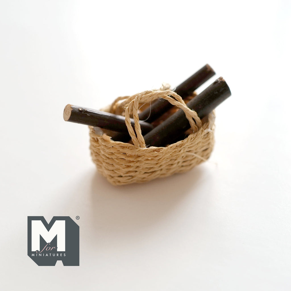 1:12 Scale Miniature Rope Log Basket with Fire Logs, 2-7/16 inch long, DIY Dollhouse Supply