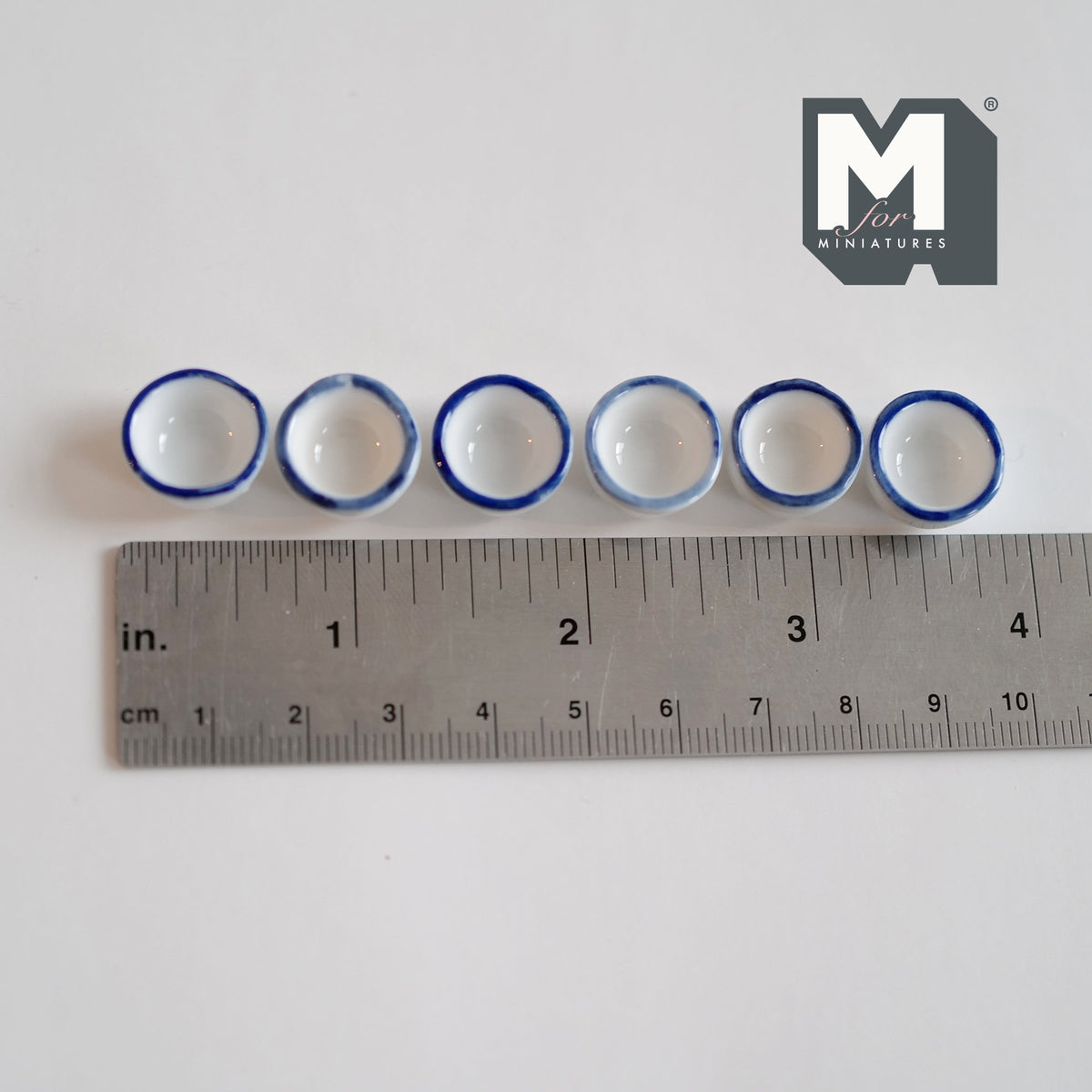 1:12 Scale Miniature White Ceramic Bowls with Blue Rim, Set of 6, 9/16 inch dia., DIY Dollhouse Supply