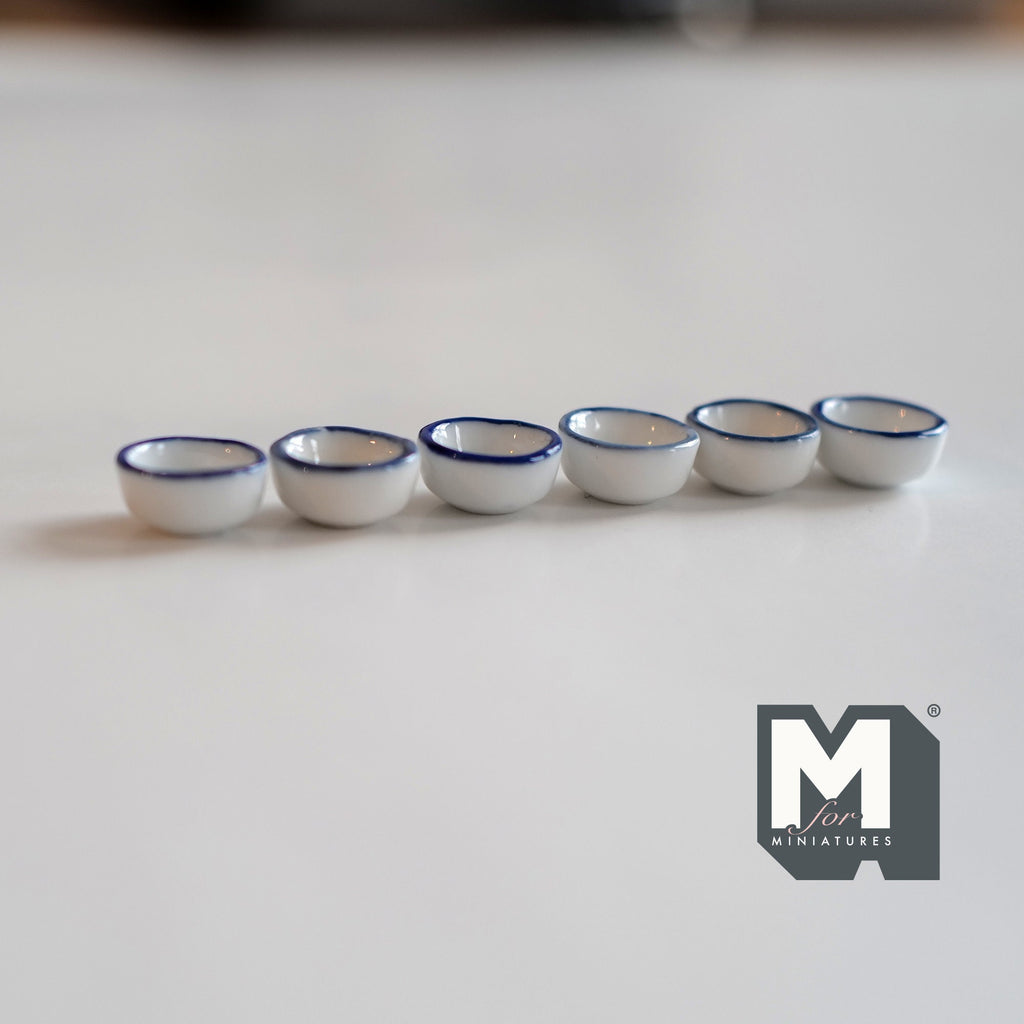 1:12 Scale Miniature White Ceramic Bowls with Blue Rim, Set of 6, 9/16 inch dia., DIY Dollhouse Supply