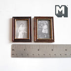 1:12 scale miniature wood framed portraits of a lady and a young girl, set of 2, sepia prints shown above a ruler