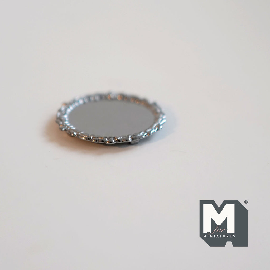 1:12 Scale Miniature Metal Round Tray, Raised Patterned Rim, 1-7/16 inch dia., DIY Dollhouse Supply (silver)