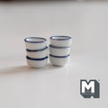 1:12 scale miniature white ceramic bowls with blue rim, set of 6, shown in two stacks of three on a white surface