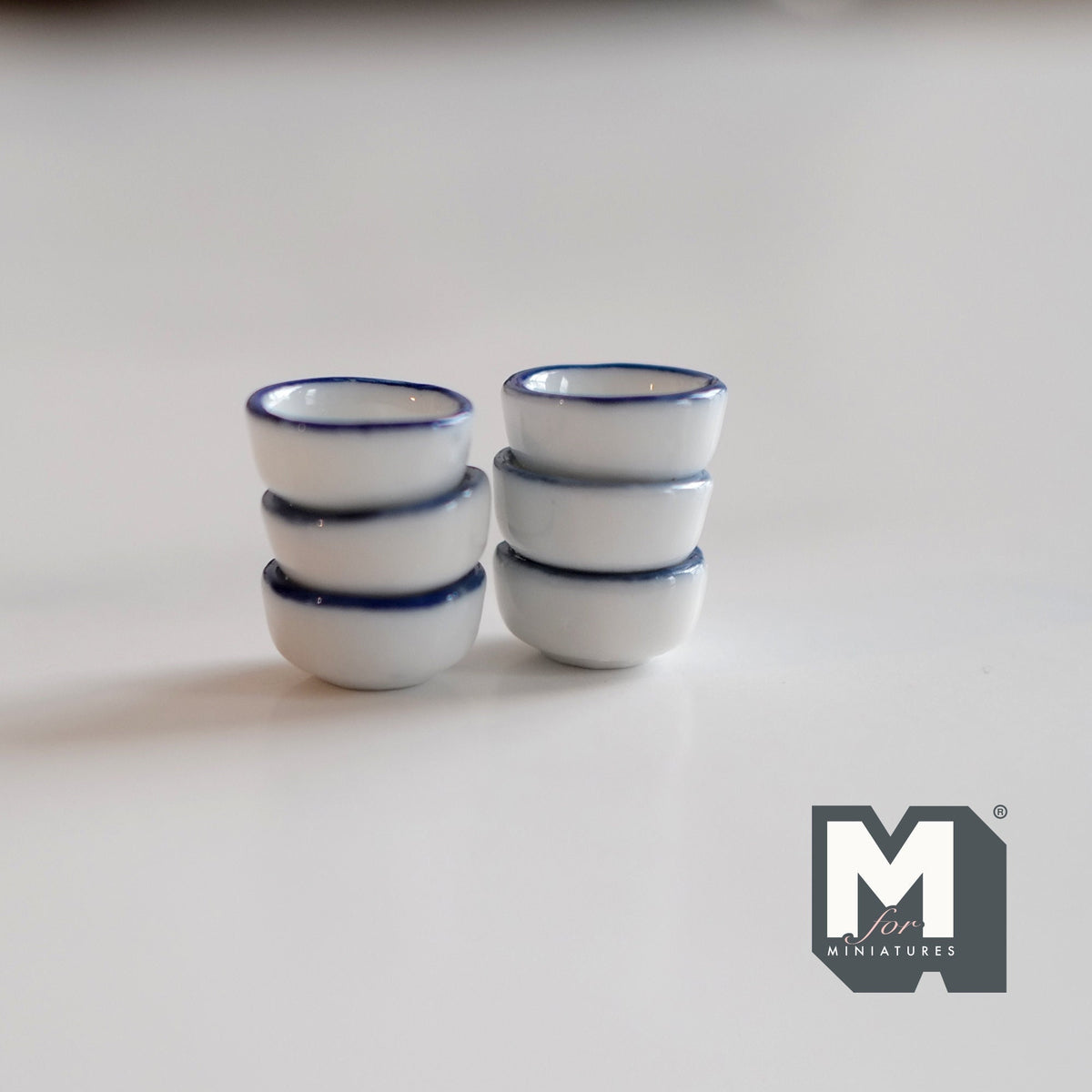 1:12 Scale Miniature White Ceramic Bowls with Blue Rim, Set of 6, 9/16 inch dia., DIY Dollhouse Supply